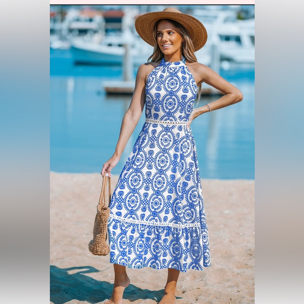 Cupshe blue and white floral halter dress